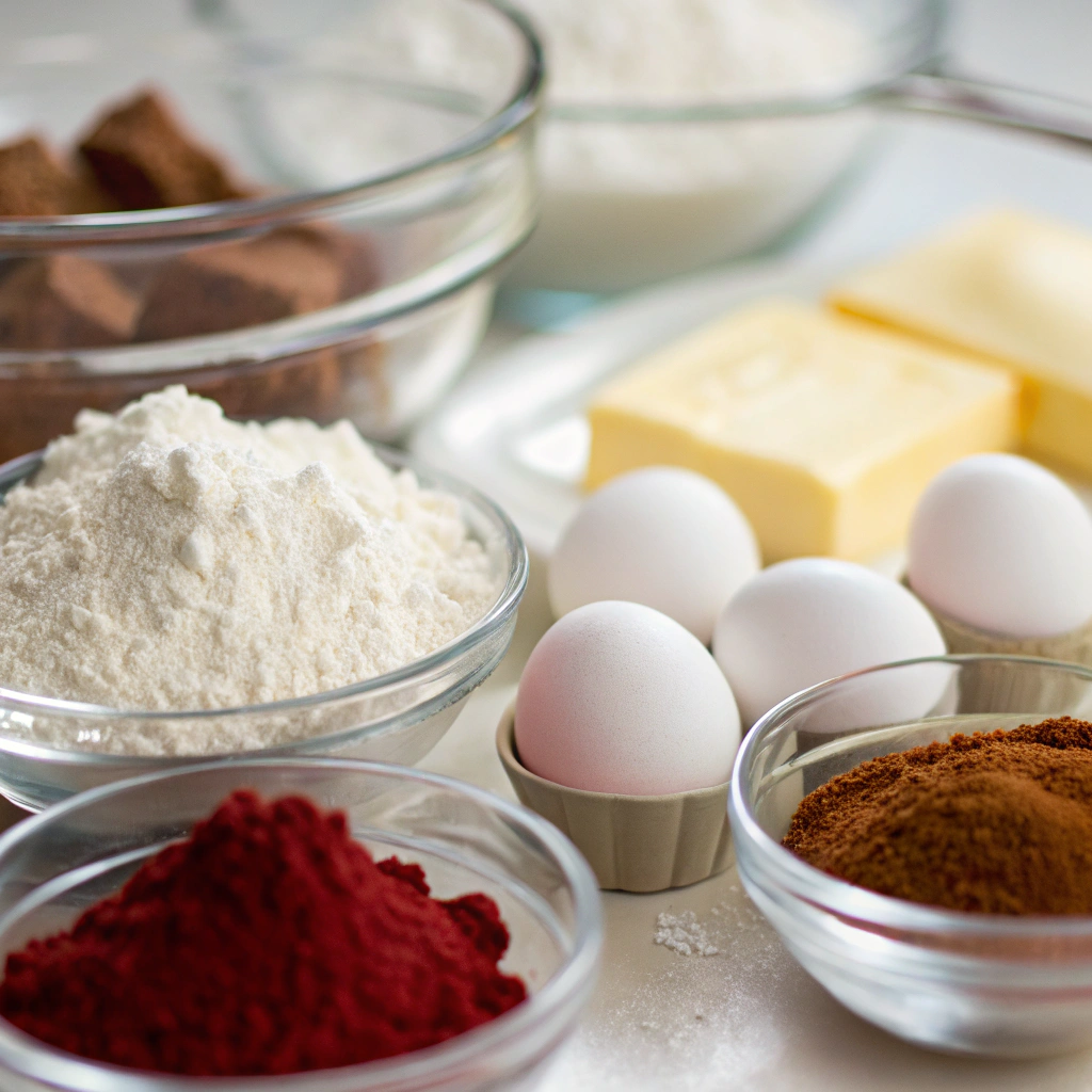 a neatly arranged set of baking ingredients including flour, sugar, butter, eggs, buttermilk, cocoa powder, and red food coloring