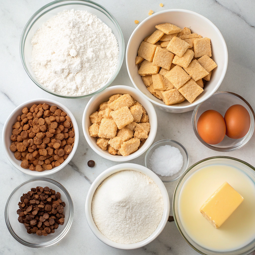 cinnamon toast crunch cookies; a neatly arranged set of ingredients for cinnamon toast crunch cookies including all purpose flour cake flour white chocolate chips cinnamon toast cru