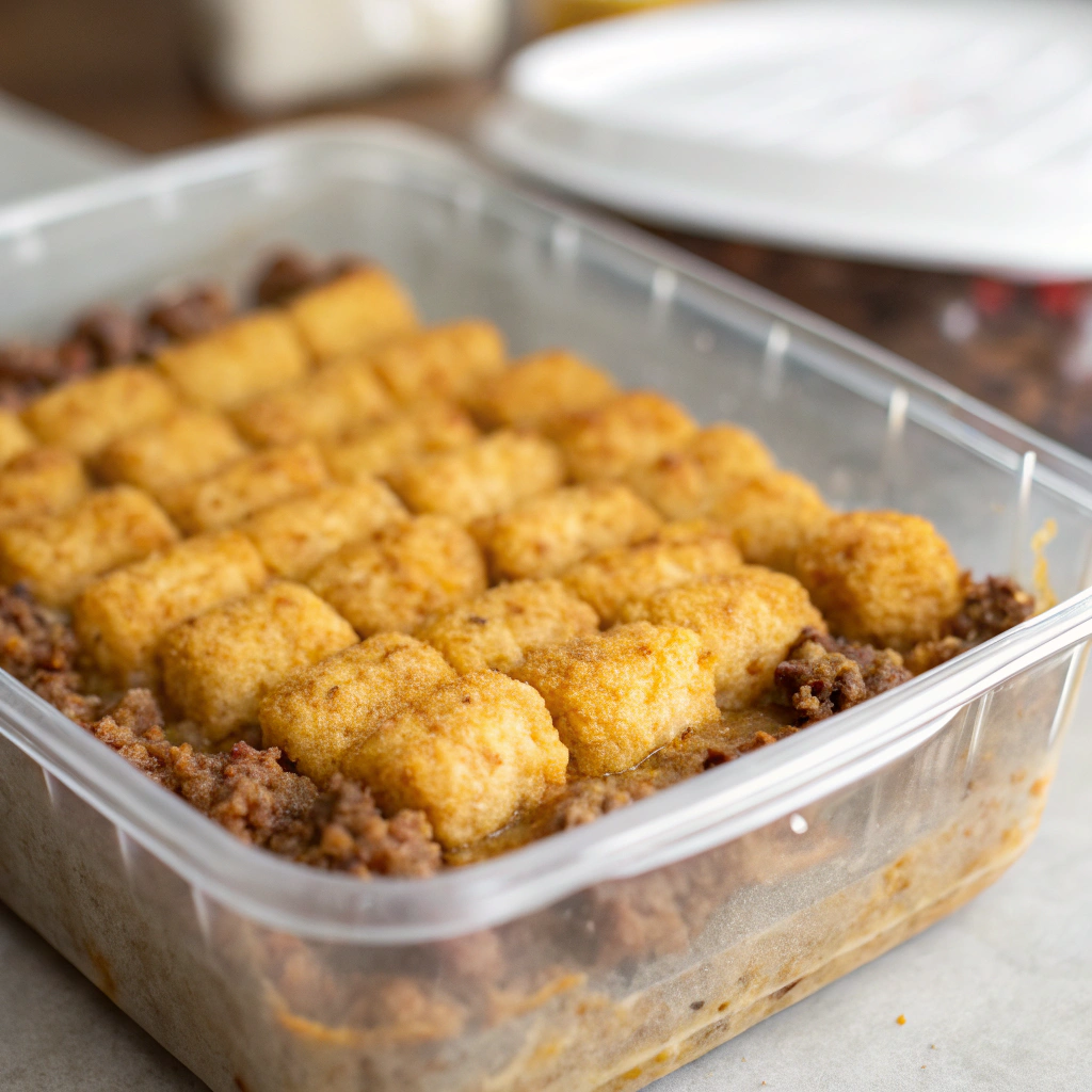 a neatly stored tater tot casserole with ground beef in a container, ready for refrigeration or freezing