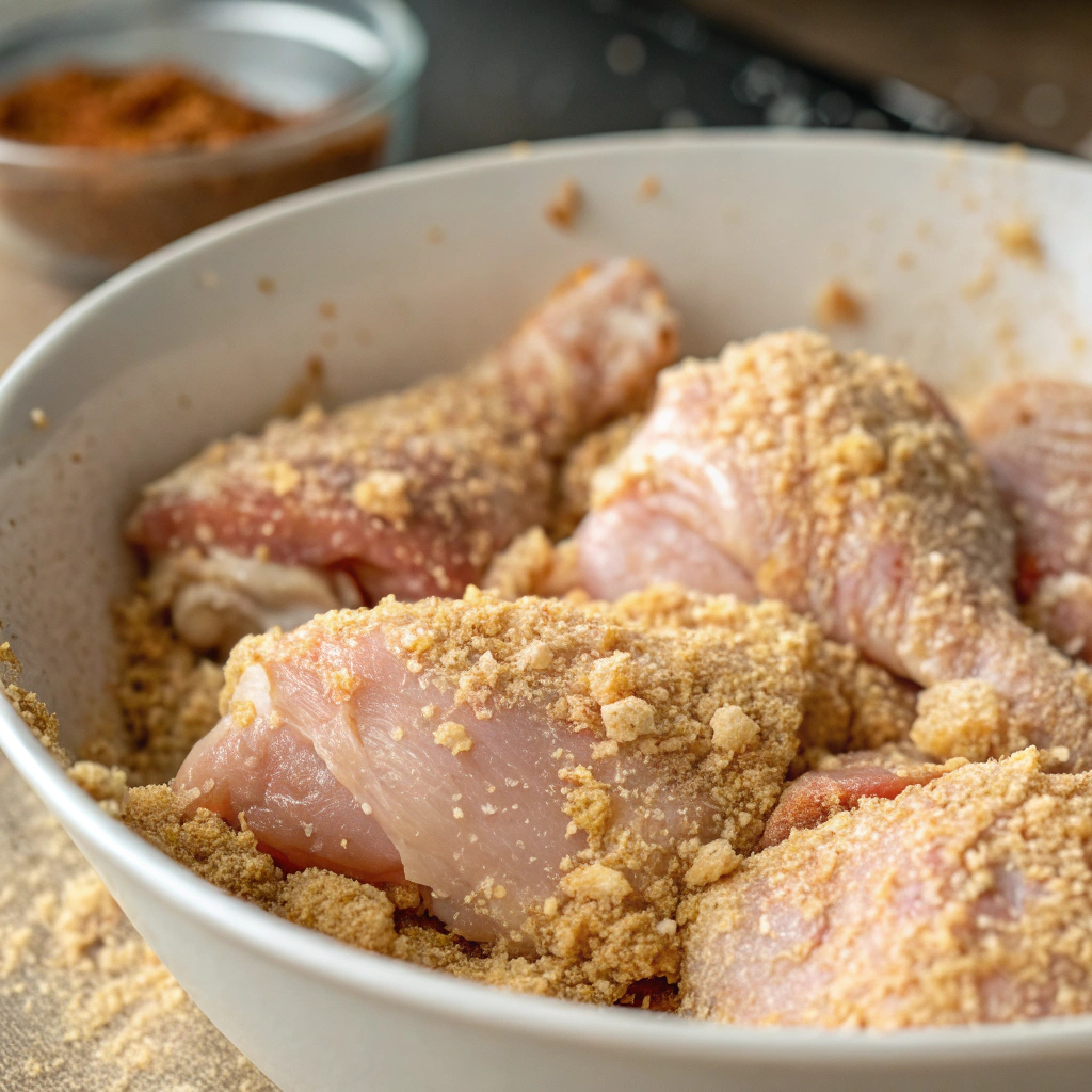 a panoramic view of marinated chicken pieces resting in a bowl with breadcrumbs ready for frying