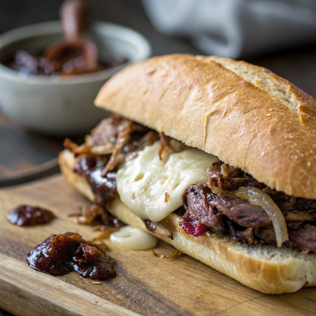 A perfectly melted hot roast beef sandwich fresh out of the oven, showcasing the gooey mozzarella and rich onion jam