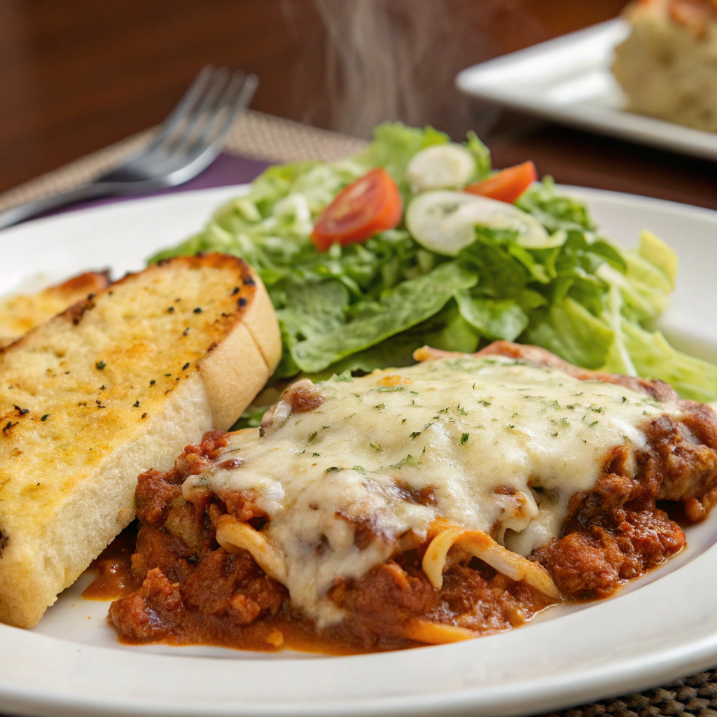 a plate of baked ziti with ground beef accompanied by a side of garlic cheese bread and a fresh green salad