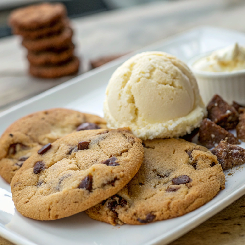 sourdough discard chocolate chip cookies; a plate of freshly baked sourdough discard chocolate chip cookies served with a scoop of ice cream highlighting their chewy texture and chocolate chip