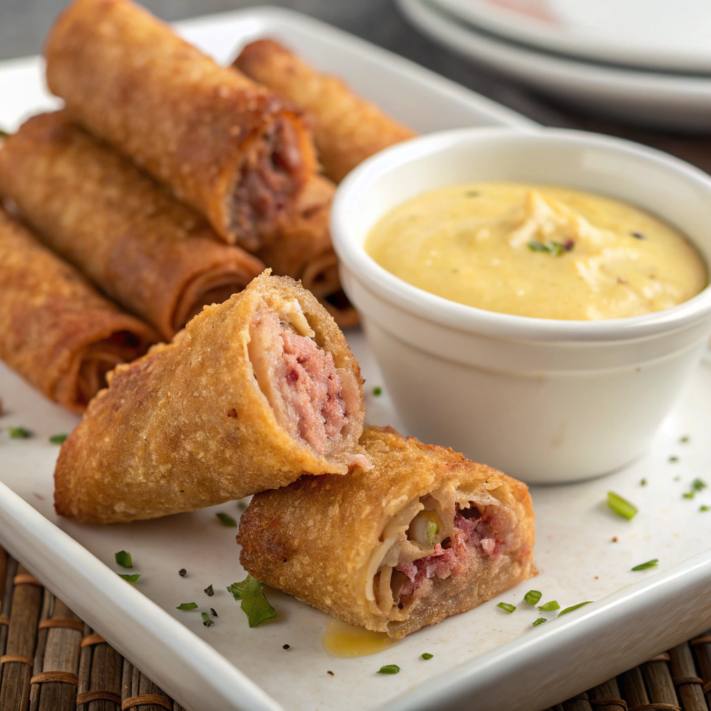 A plate of golden-brown corned beef egg rolls arranged neatly with a bowl of creamy mustard dipping sauce on the side.