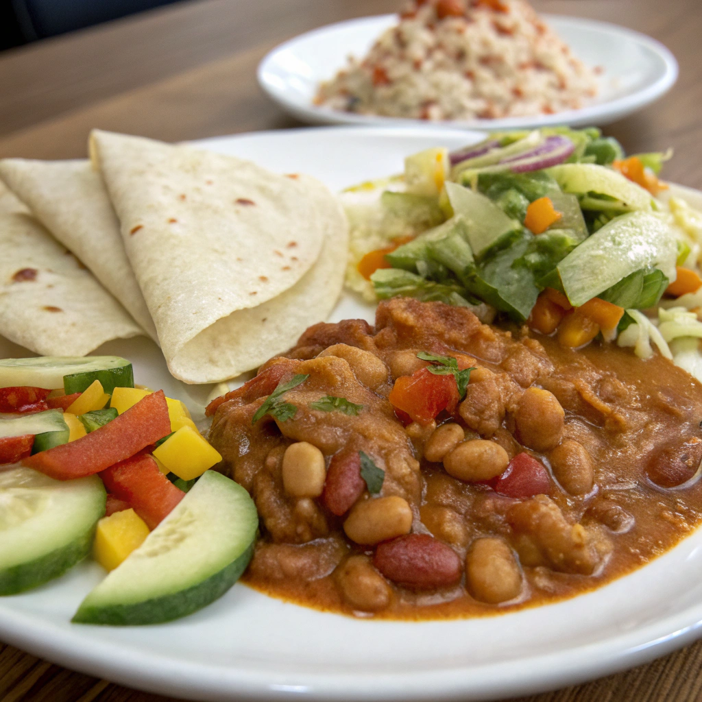 a plate of ranch style beans served alongside warm tortillas and a side salad, showcasing the vibrant colors and textures of the meal