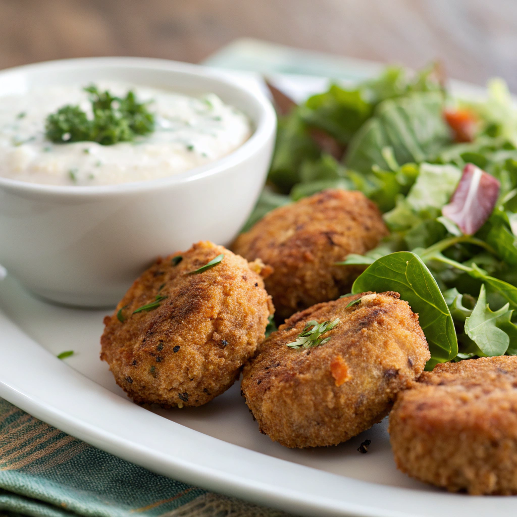 salmon croquette recipe; a plate of salmon croquettes arranged alongside a fresh green salad and a bowl of tartar sauce showcasing their golden brown crunch and vibrant presen