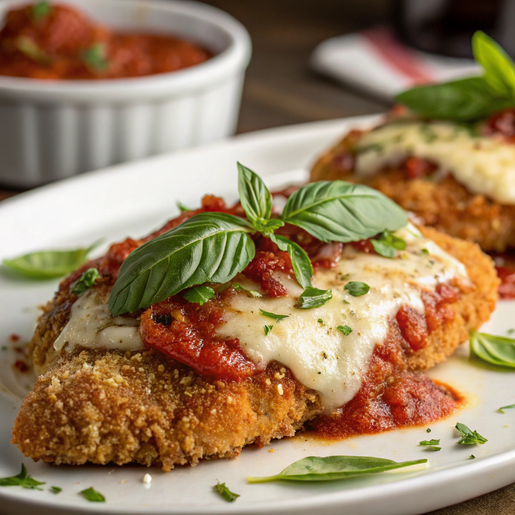 a plated chicken parmesan showcasing the crispy breadcrumb coating, melted mozzarella, and vibrant marinara sauce, garnished with fresh basil leaves