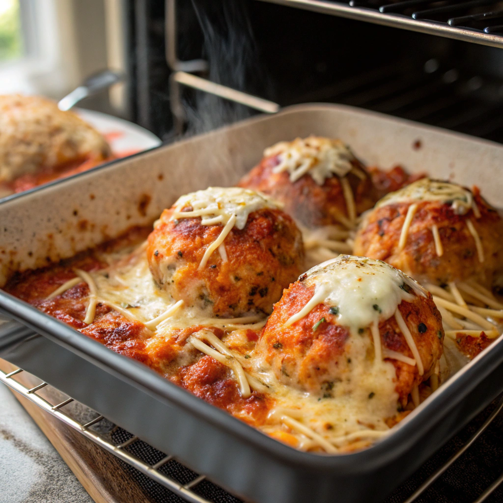 a portion of sicilian rice ball casserole being reheated in the oven, showcasing the melted cheese and vibrant colors