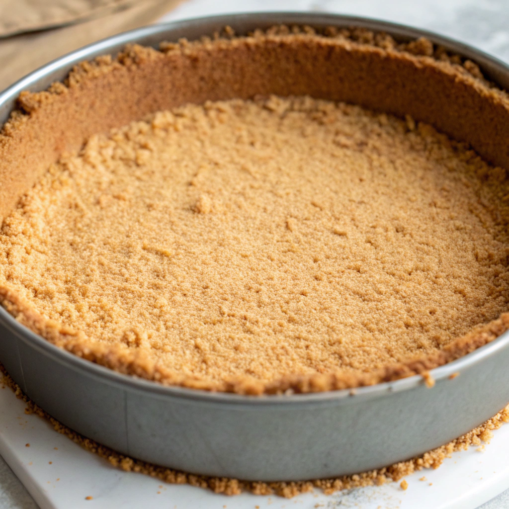 a prepared graham cracker crust pressed into the bottom of a springform pan, showing an even layer ready for cheesecake filling