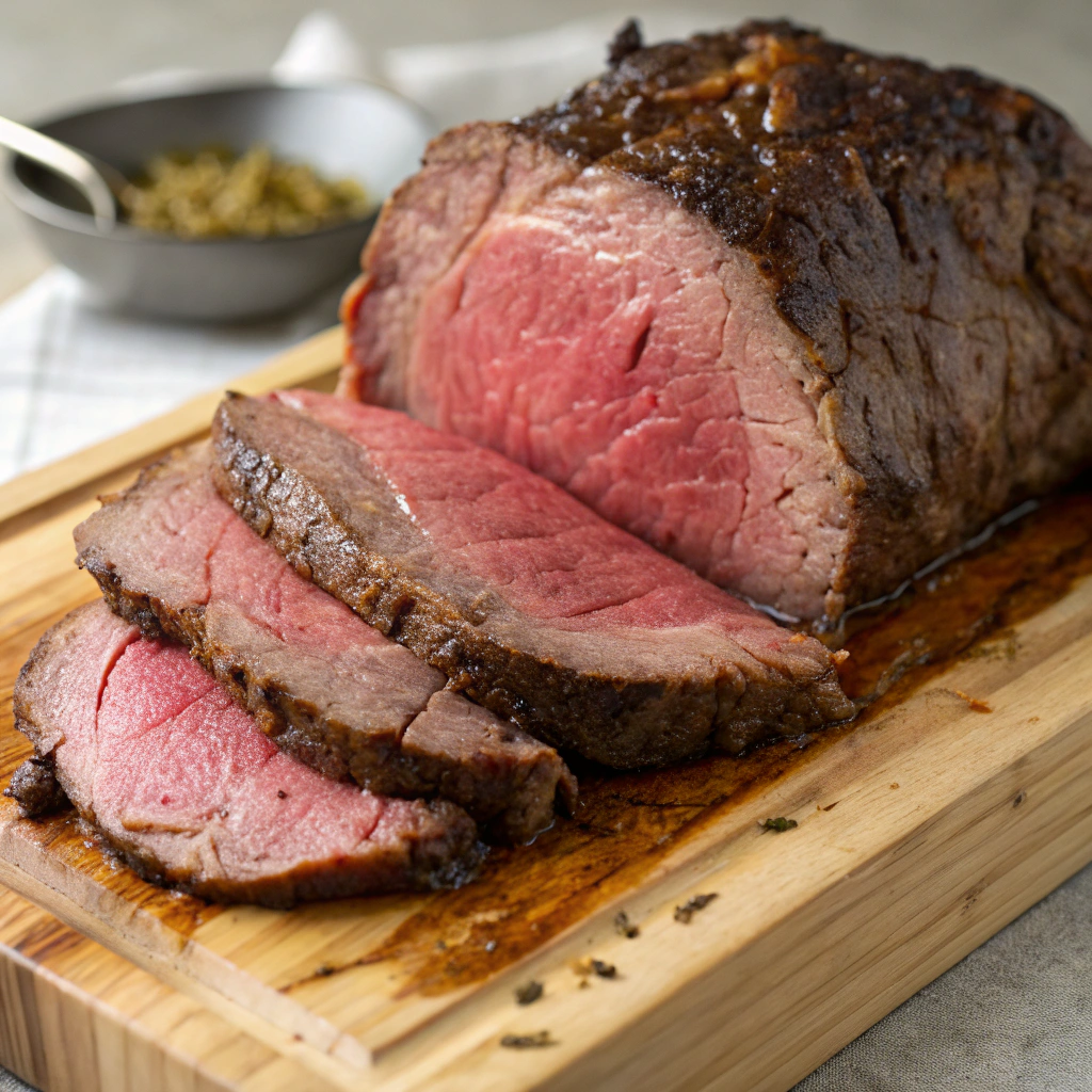 a rested beef roast on a cutting board, showcasing its juicy interior and ready-to-serve appearance