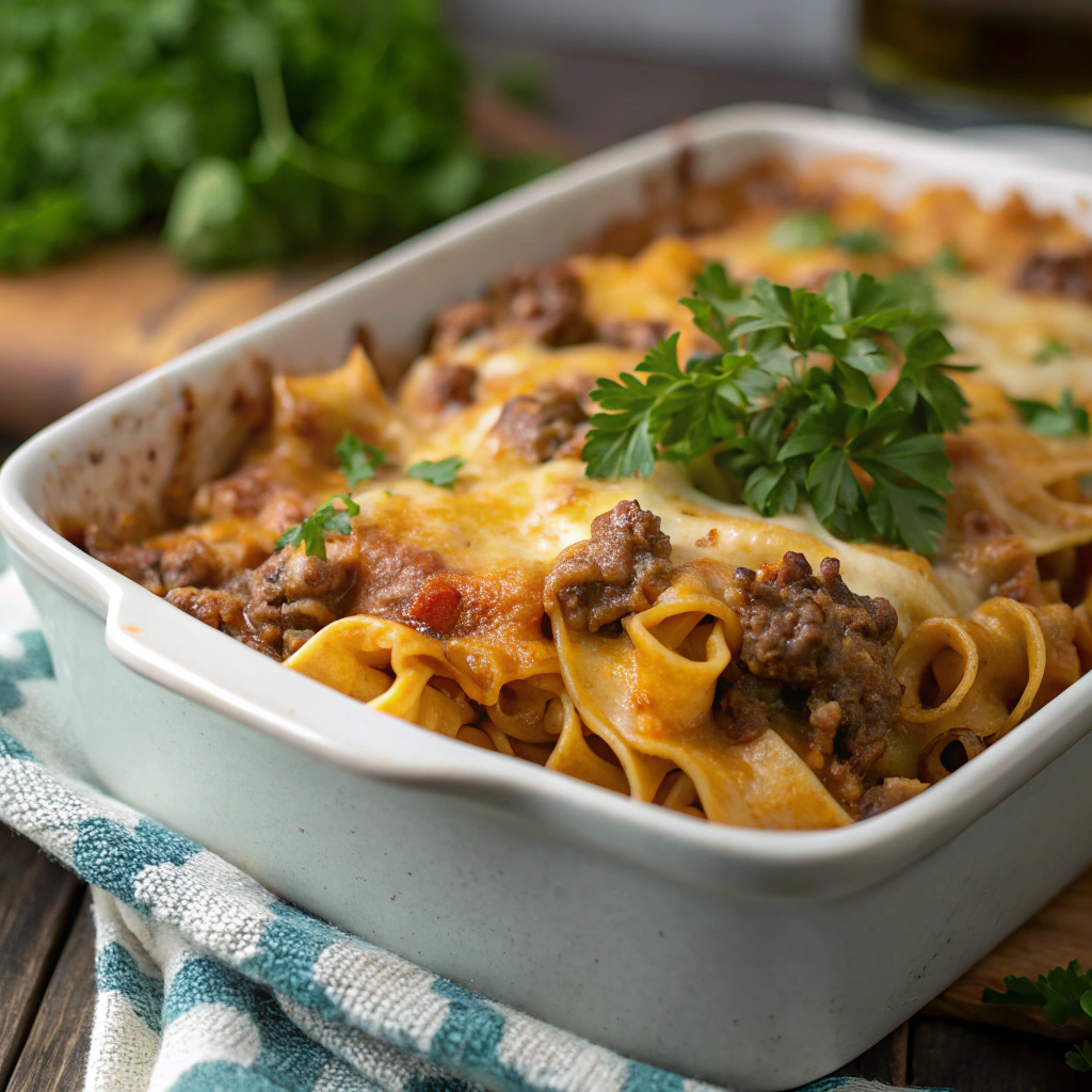 a rustic sour cream beef noodle casserole in a baking dish with bubbly cheese topping, garnished with parsley