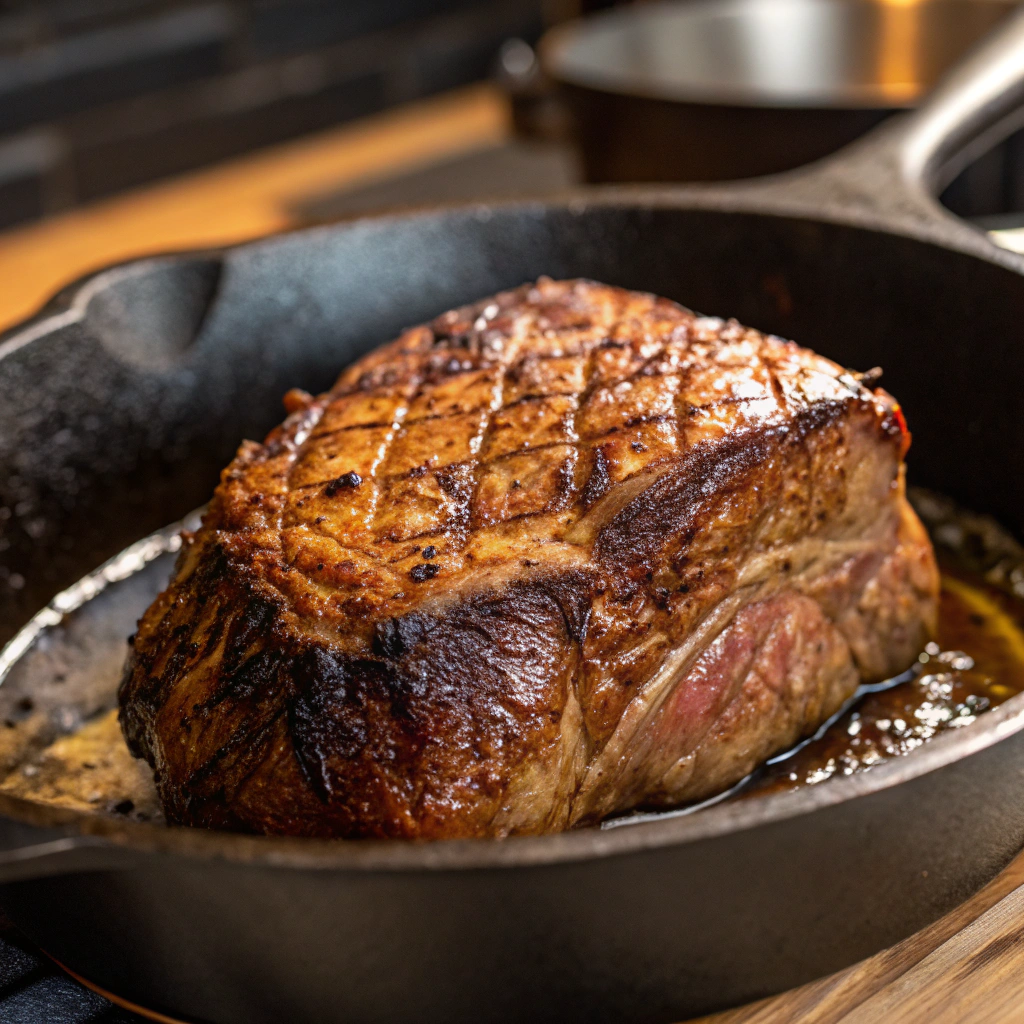 a searing beef roast in an oven-safe skillet, showcasing the browning process and caramelization of the meat surface