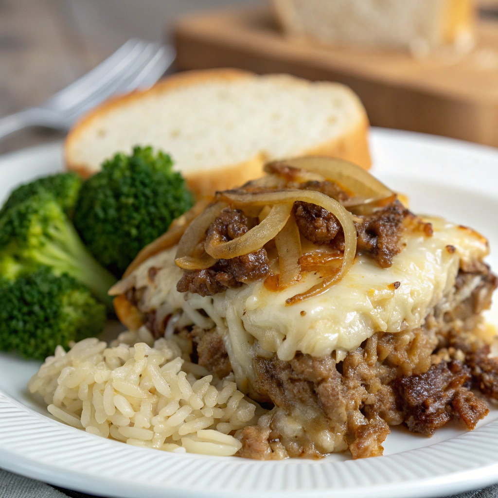 french onion ground beef and rice casserole; a serving of french onion ground beef and rice casserole on a white plate accompanied by steamed broccoli and a slice of freshly baked bread on the side