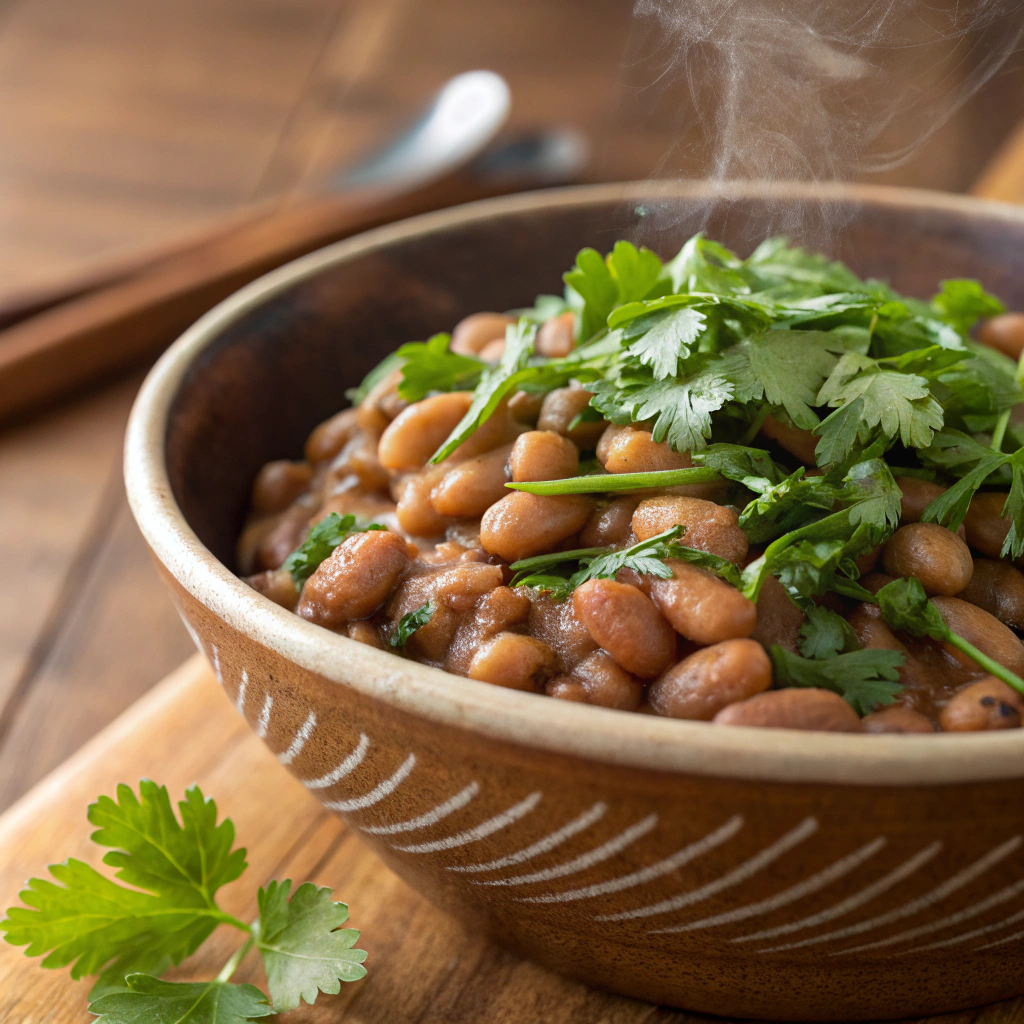 a serving of ranch style beans garnished with fresh cilantro, placed in a rustic bowl on a wooden table