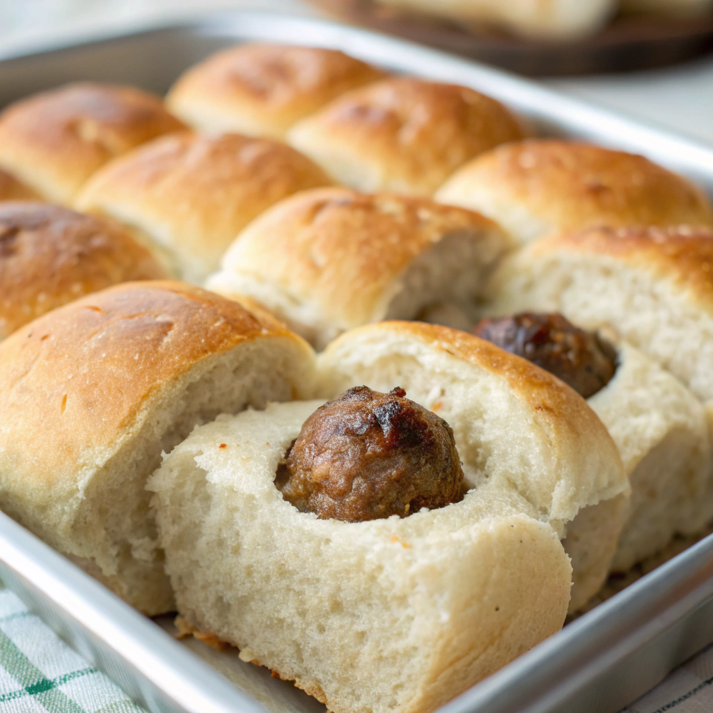 a set of Hawaiian rolls with holes cut in the center for meatballs