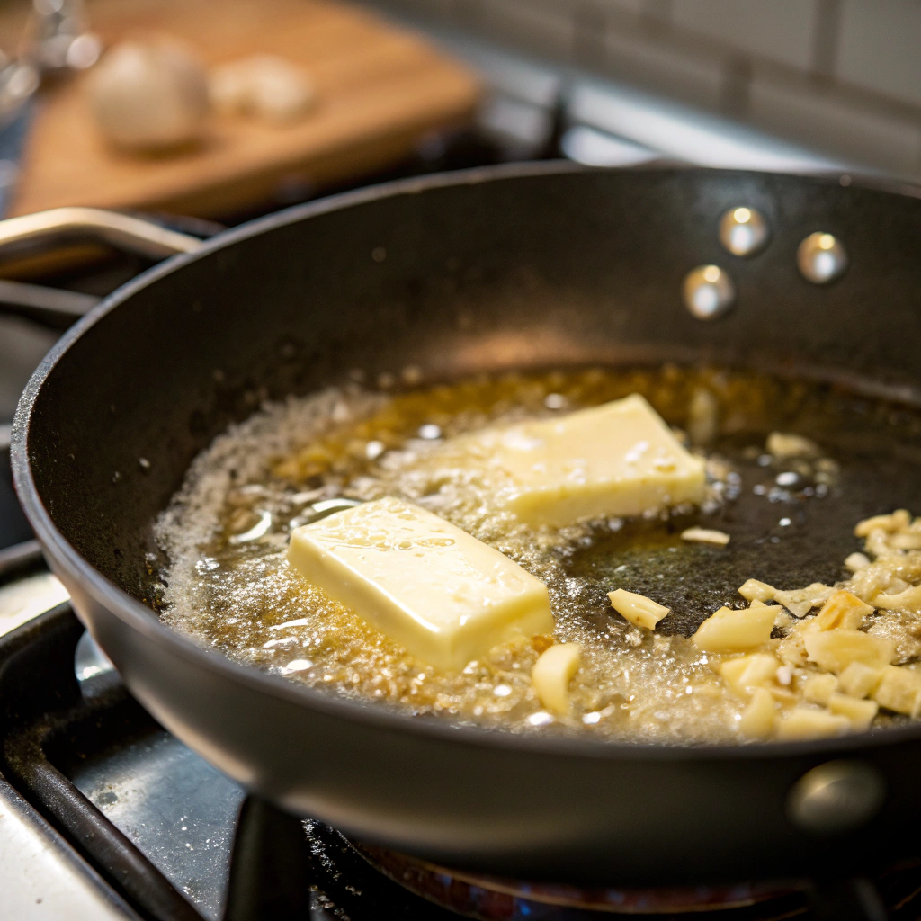 a-skillet-on-the-stove-with-melted-butter-and-minced-garlic-being-sautéed-until-golden