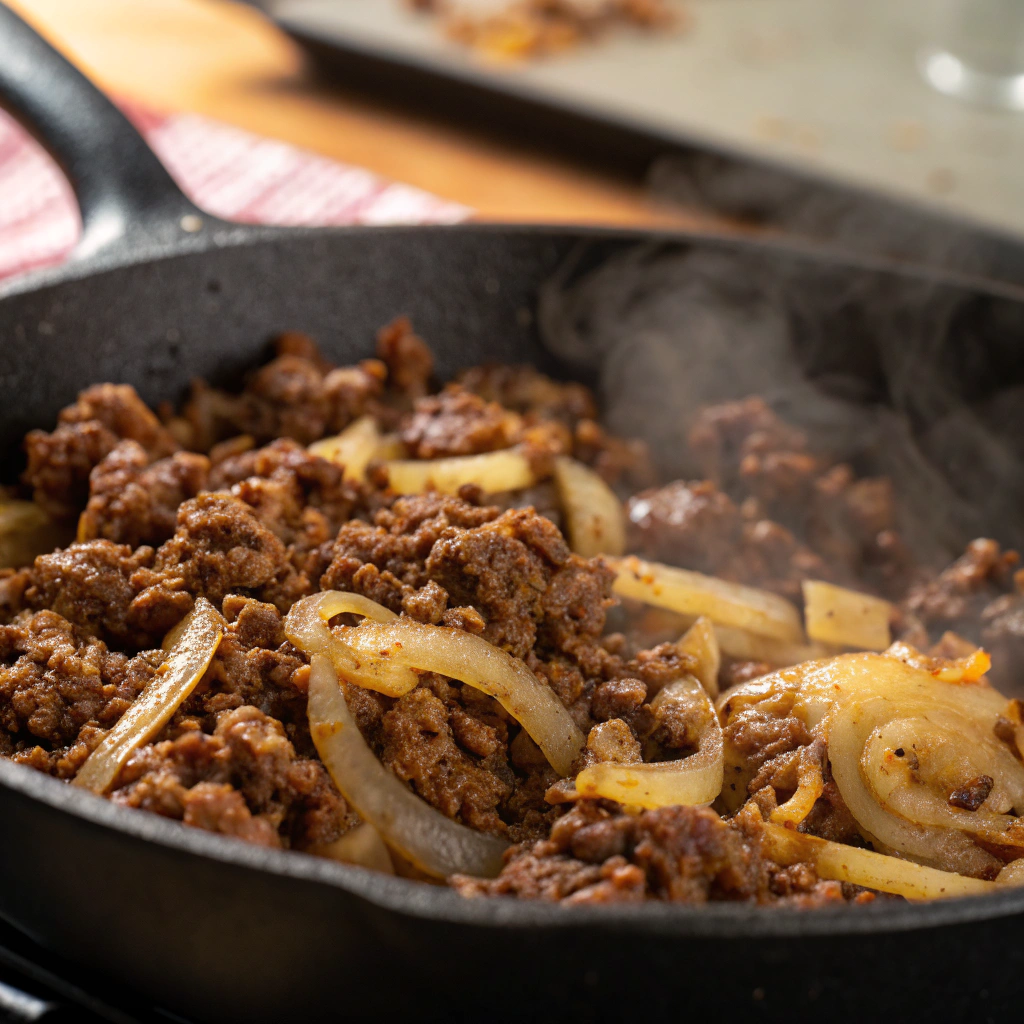 baked ziti with ground beef; a skillet with browned ground beef and sautéed onions ready to be combined with pasta and sauce