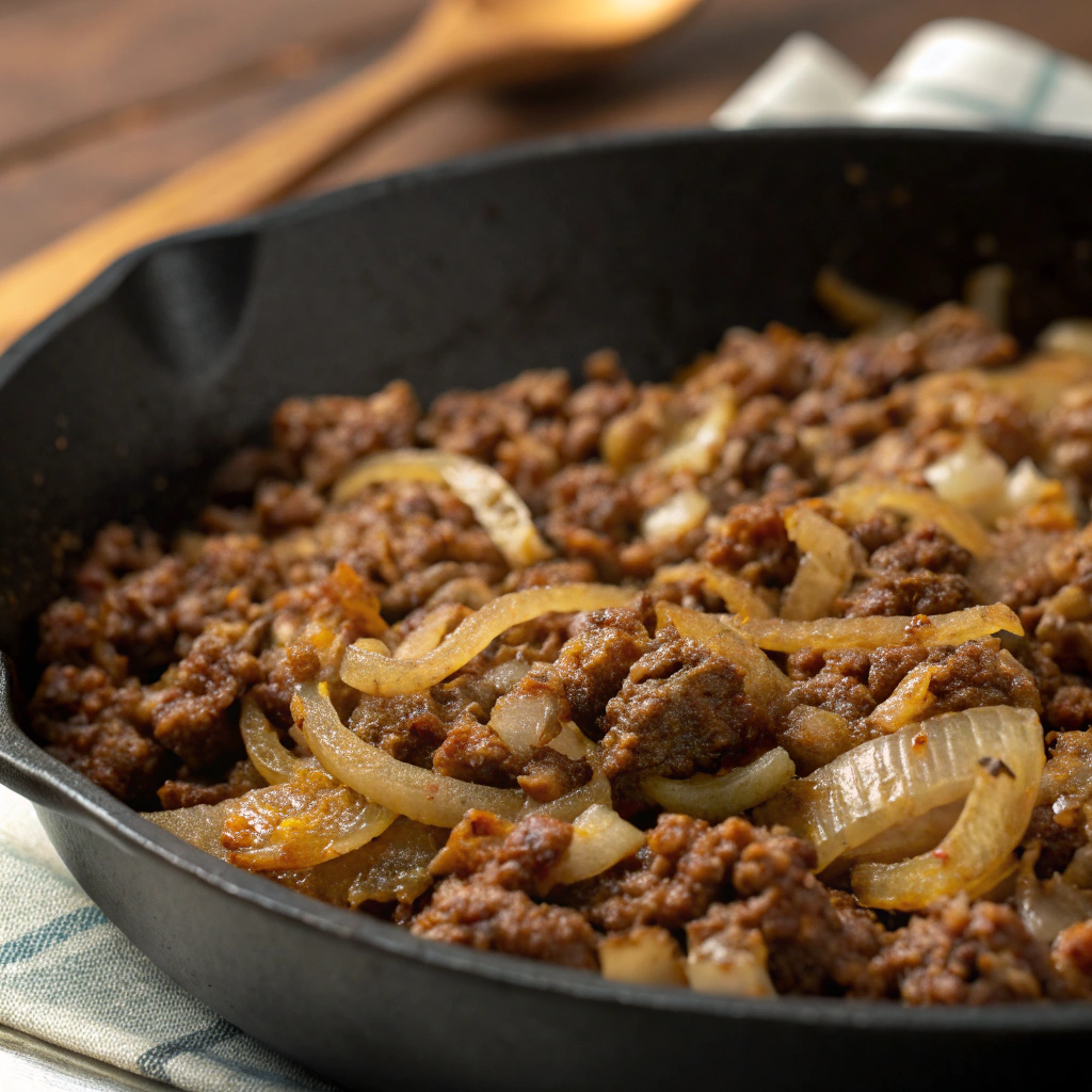 french onion ground beef and rice casserole; a skillet with browned ground beef and sautéed onions showcasing the rich textures and colors that form the base of the french onion ground beef and r