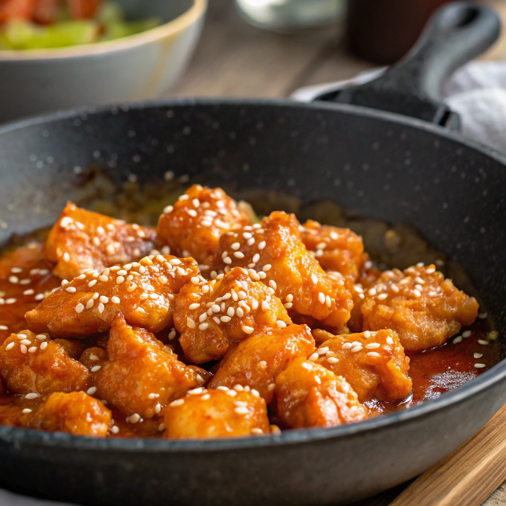 a skillet with golden-brown orange chicken pieces simmering in a glossy orange sauce with sesame seeds sprinkled on top