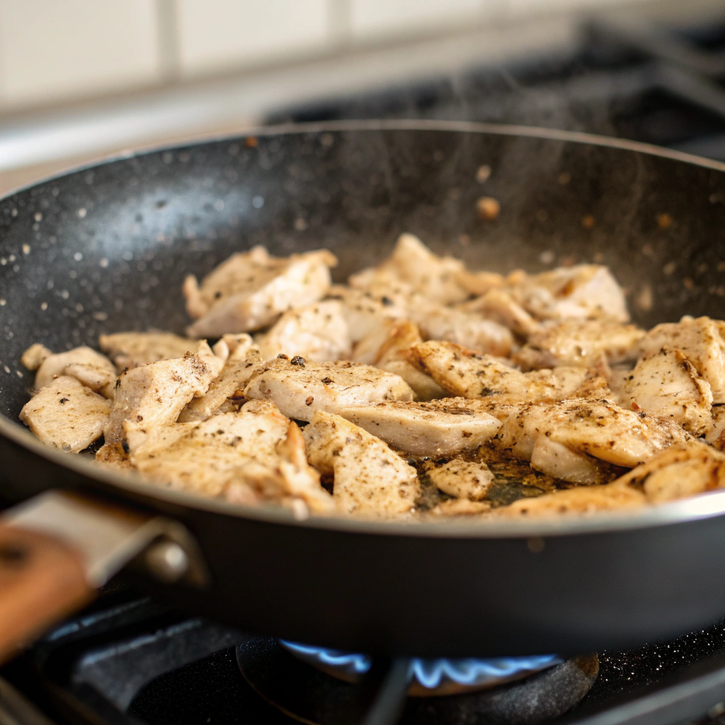 a skillet with seasoned shredded chicken being cooked on a stove