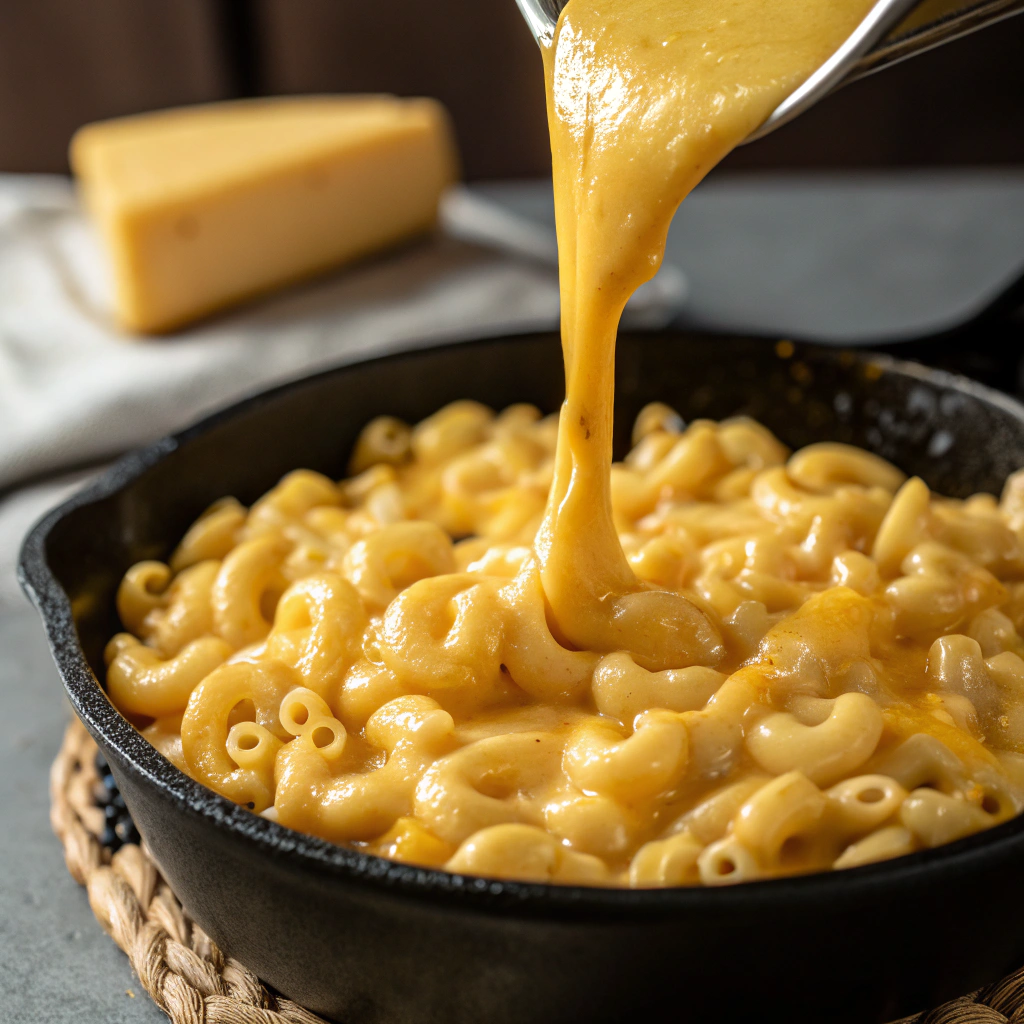 a smooth and creamy cheese sauce being poured over cooked elbow macaroni in a cast iron skillet