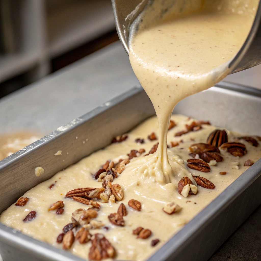 a smooth cake batter being poured into a prepared loaf pan, with pecans visible throughout