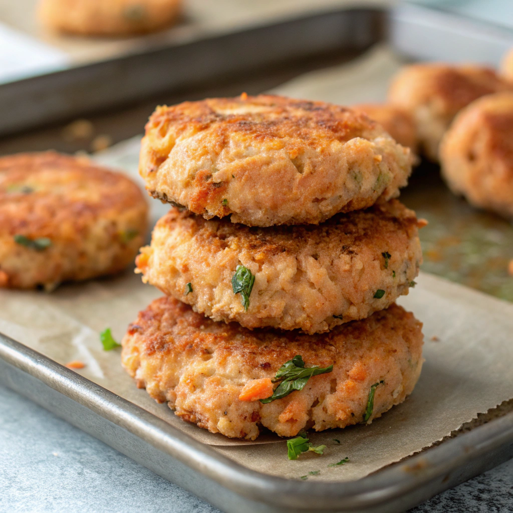 A stack of freshly baked salmon croquettes on a baking sheet, golden and crispy, ready to be served as a delightful meal addition.