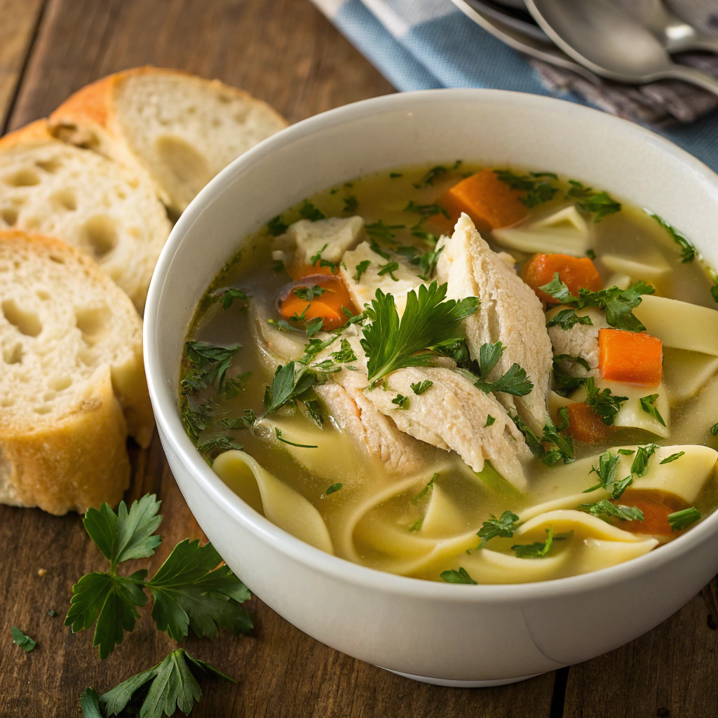 homemade chicken noodle soup with whole chicken; a steaming bowl of homemade chicken noodle soup with whole chicken garnished with fresh parsley and served with a side of crusty bread on a wooden tab