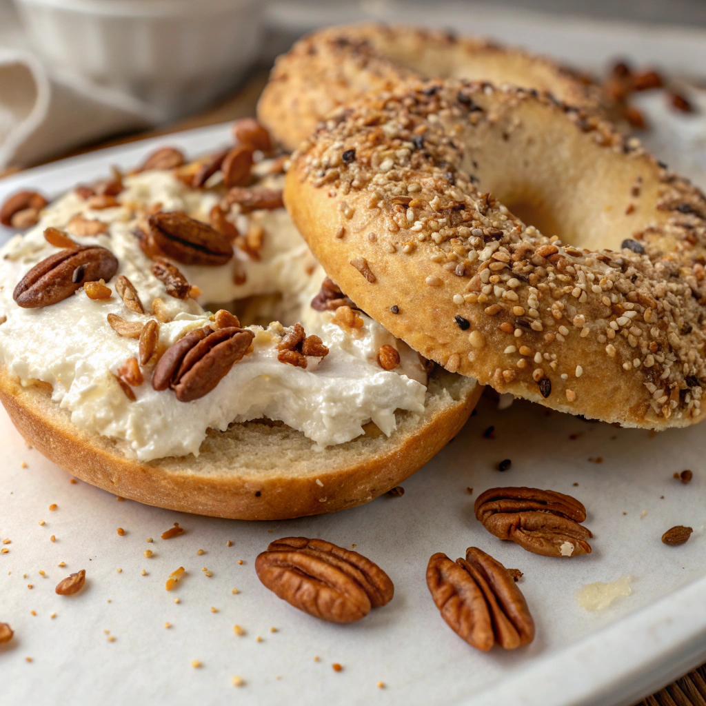 A toasted sesame bagel sliced in half, generously spread with honey pecan cream cheese, garnished with extra pecan pieces