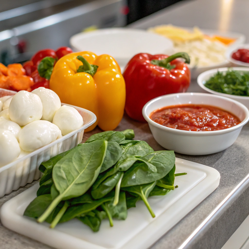 A variety of fresh ingredients including mozzarella cheese, marinara sauce, bell peppers, and spinach arranged neatly on a kitchen countertop