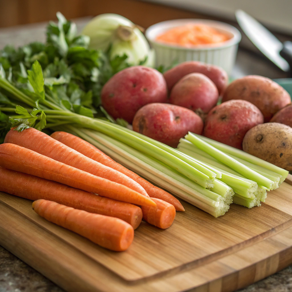 old fashioned chicken stew recipe; a variety of fresh vegetables such as carrots celery and red potatoes prepared and ready to be added to the old fashioned chicken stew recipe in a woo