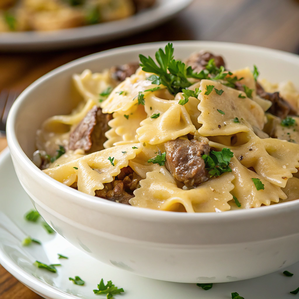 a vibrant bowl of beef and bowtie pasta with alfredo sauce, sprinkled with fresh parsley and served on a white plate