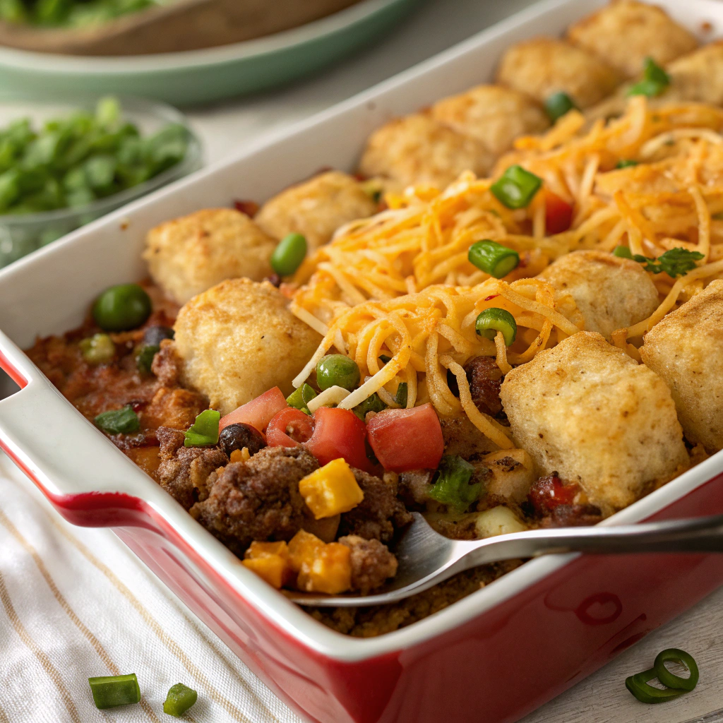 a vibrant tater tot casserole with ground beef surrounded by fresh vegetables and shredded cheese, highlighting the dish's hearty layers