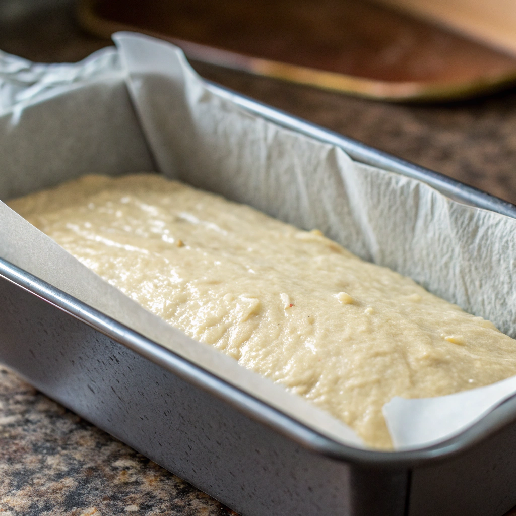 a well-greased loaf pan ready for batter, with parchment paper lining the bottom