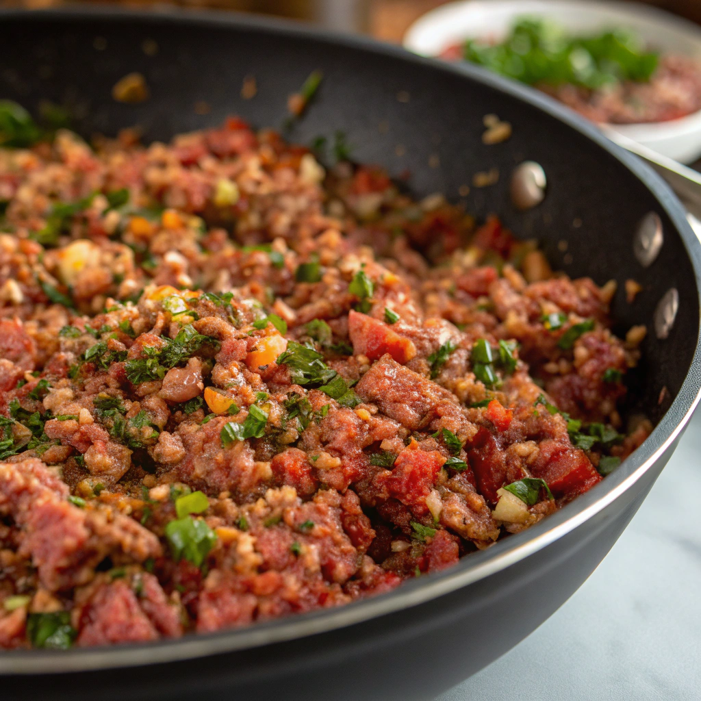 a well-prepared meat mixture for sicilian rice ball casserole in a skillet, ready for assembly with vibrant colors and rich textures