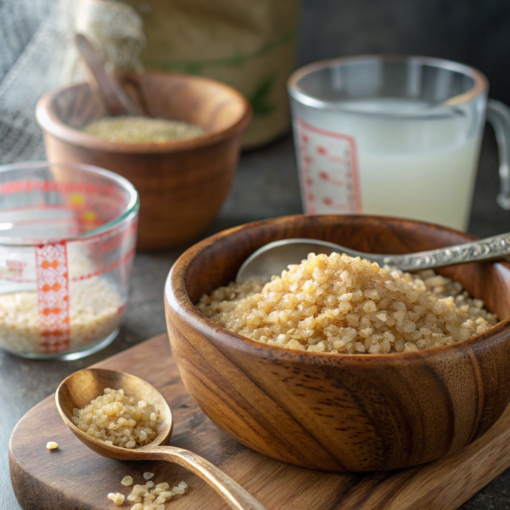 a wooden bowl filled with bulgur grains soaking in boiling water, surrounded by measuring cups and a spoon, creating a homely kitchen scene