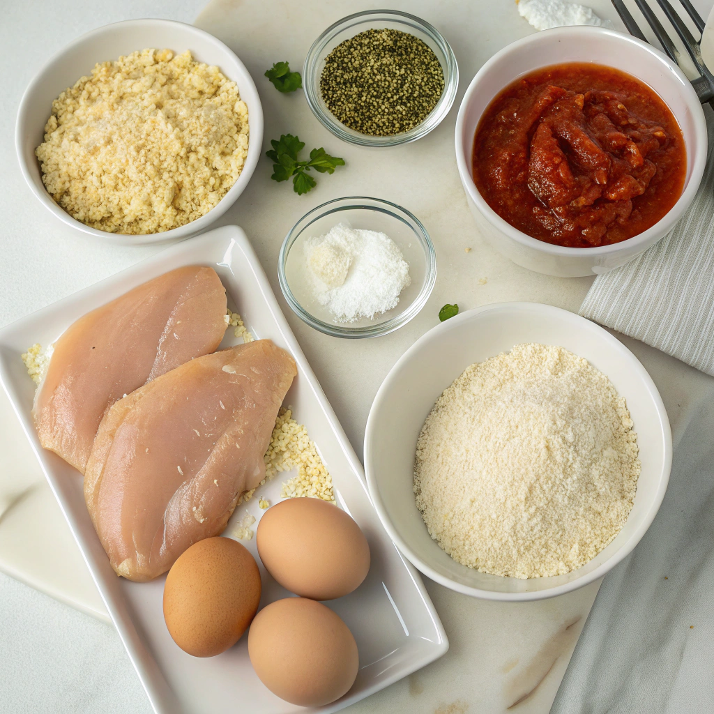 best chicken parm recipe; all ingredients neatly arranged on a kitchen countertop including chicken breasts panko breadcrumbs parmesan cheese eggs flour garlic powder oregano a