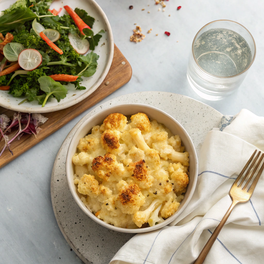 keto cauliflower mac and cheese; an overhead view of a table setting featuring a bowl of keto cauliflower mac and cheese a side salad and a glass of sparkling water creating a balance