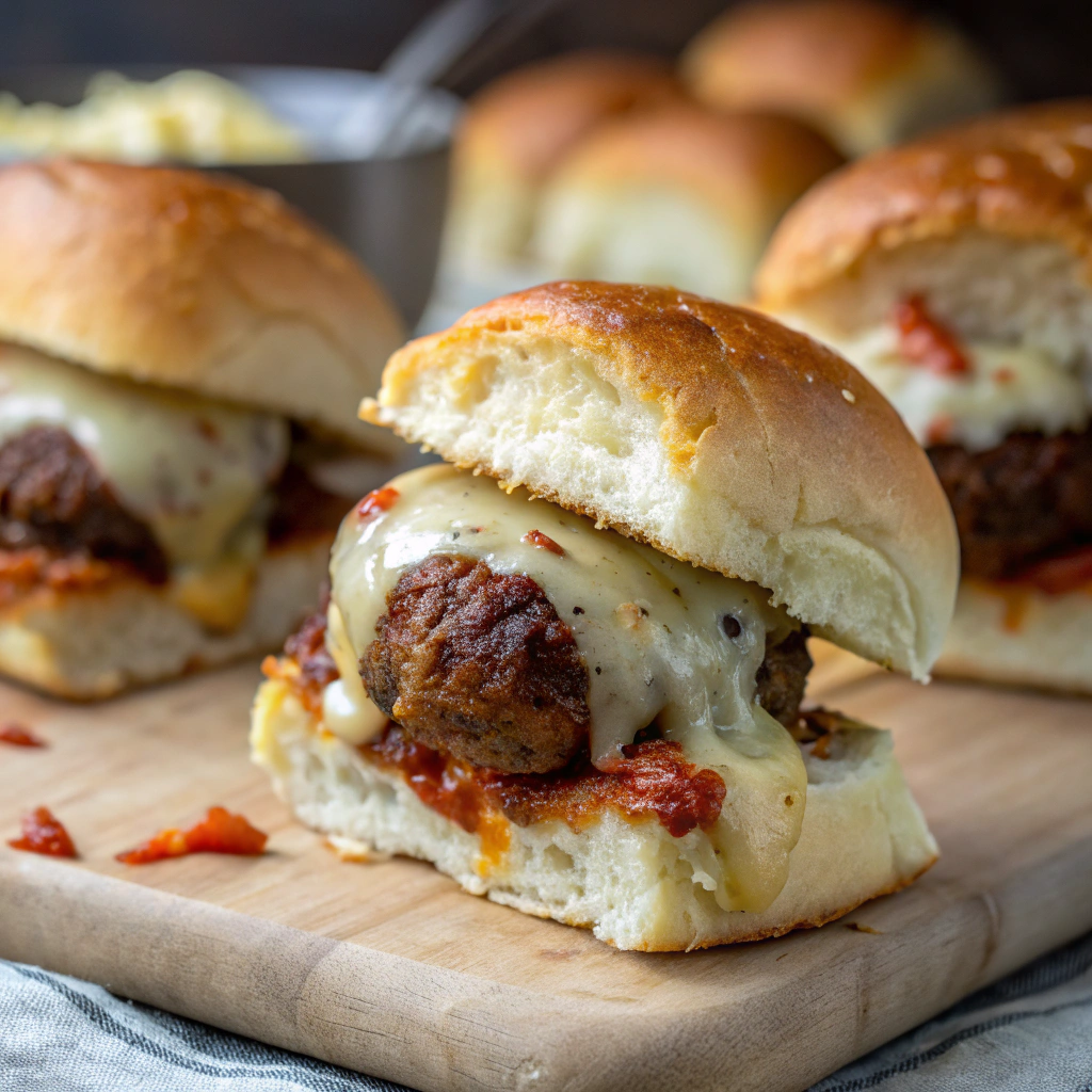 baked meatball sliders hawaiian rolls with melted cheese and golden crust