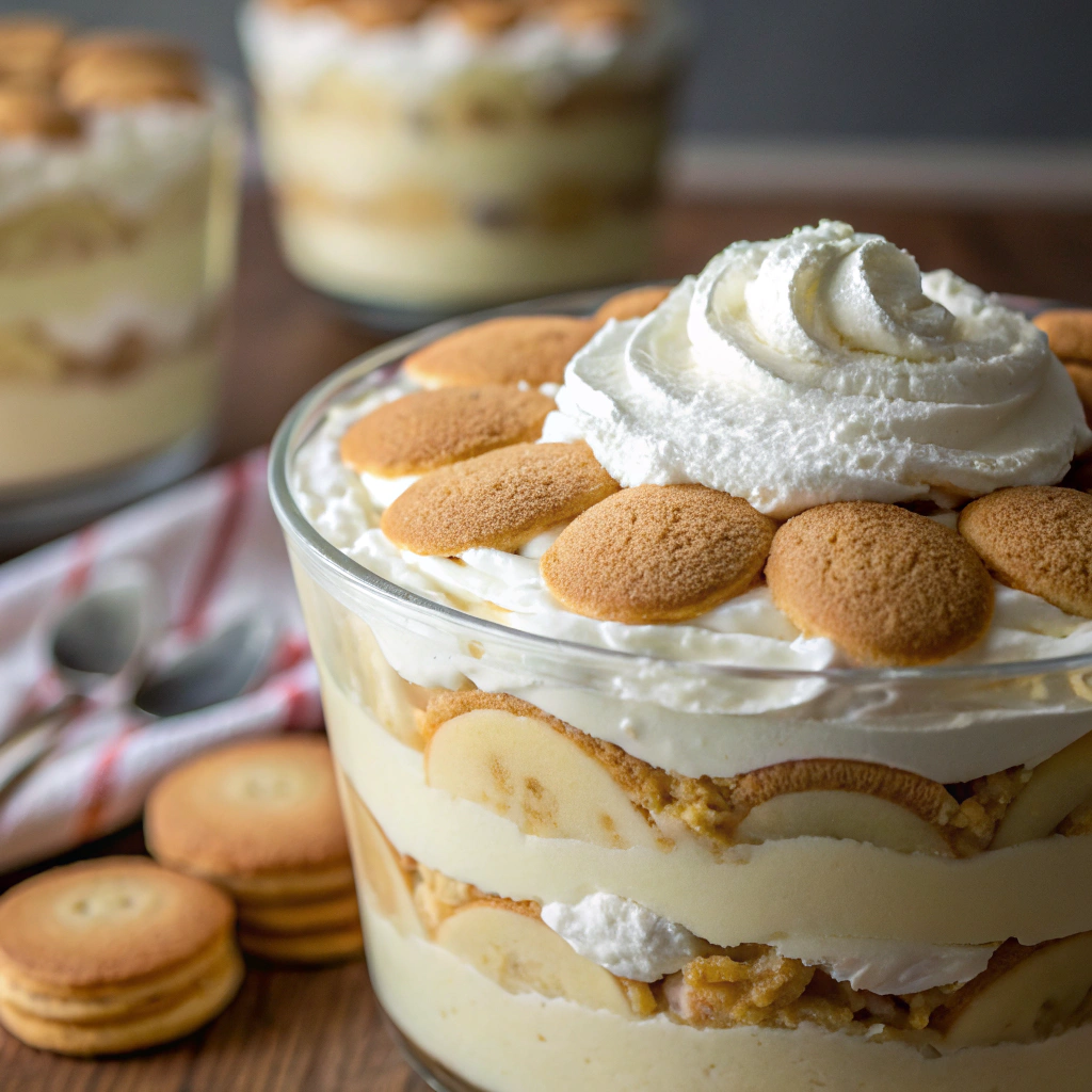 banana pudding with vanilla wafers in a clear dish, layered neatly with topping of whipped cream