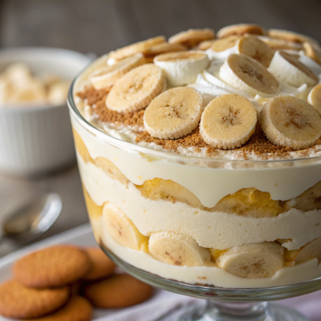 banana pudding with vanilla wafers layered in a clear serving dish, showing distinct layers of pudding, bananas, and wafers