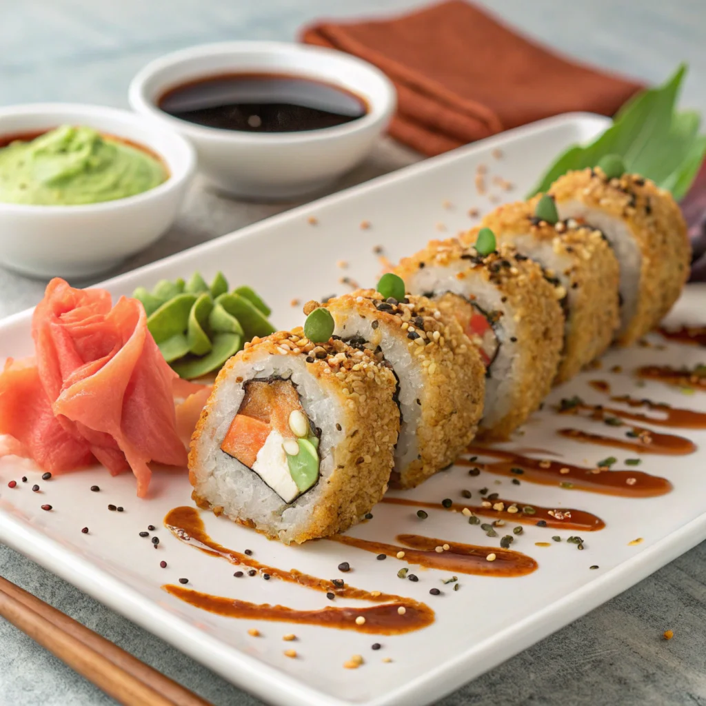 beautifully plated sweet potato tempura rolls