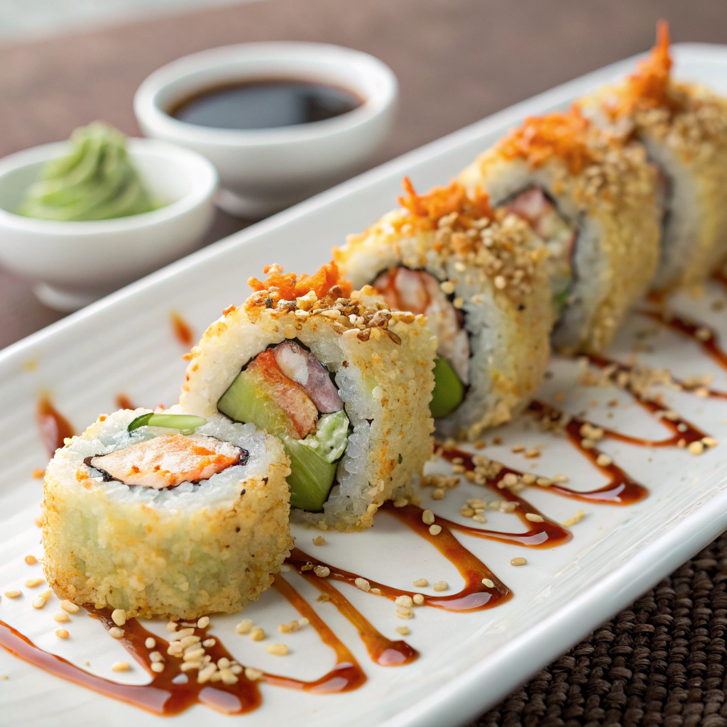 beautifully plated sweet potato tempura rolls with soy sauce, wasabi, pickled ginger, and a drizzle of spicy tahini dressing, garnished with sesame seeds