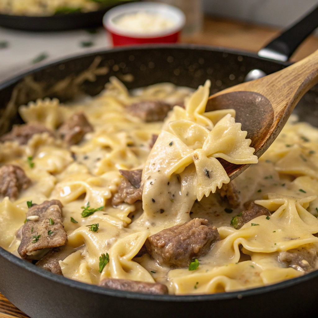 beef and bowtie pasta with alfredo sauce being combined in a large skillet, showcasing the creamy sauce enveloping the pasta and beef