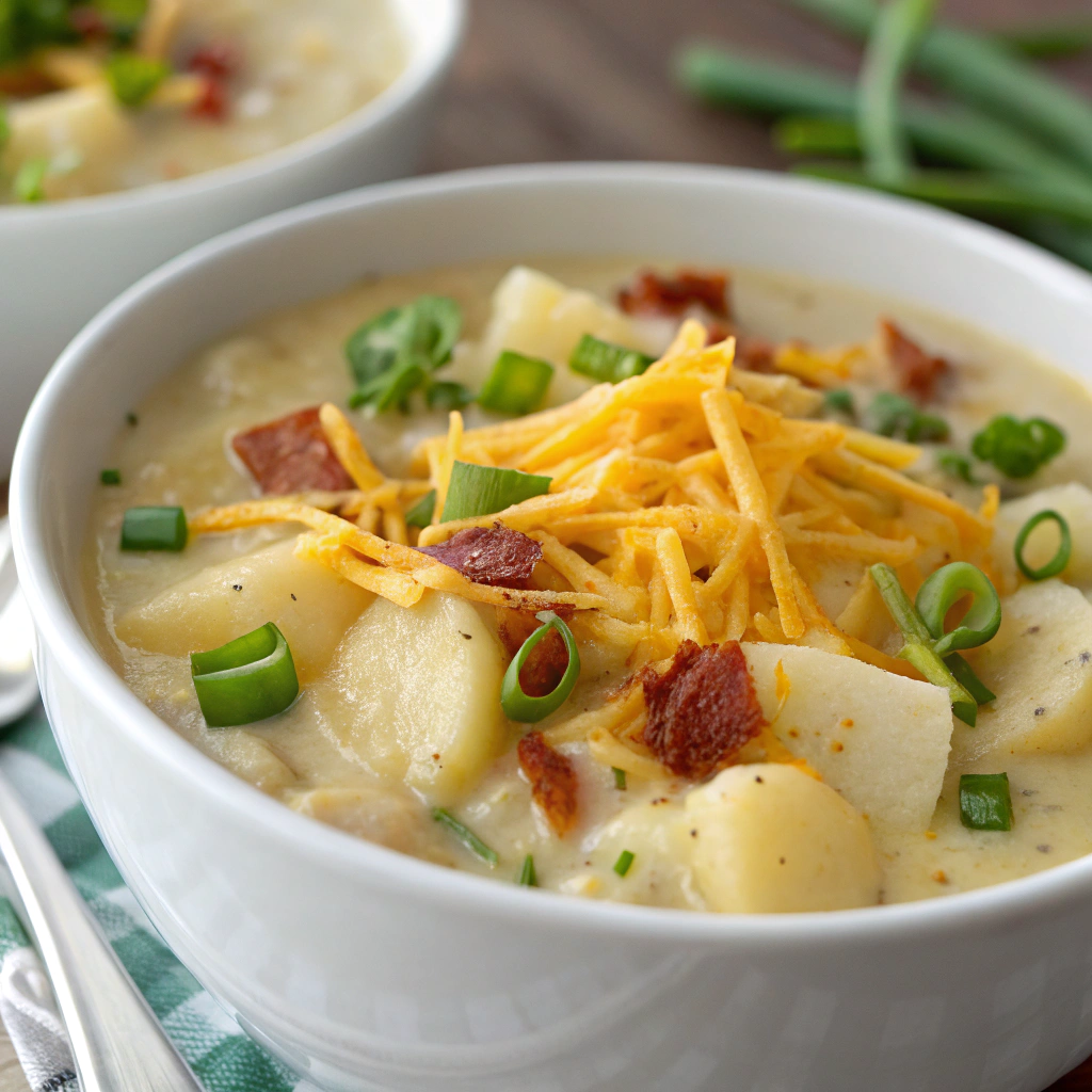 bowl of crock pot crack potato soup served with additional shredded cheese and green onions