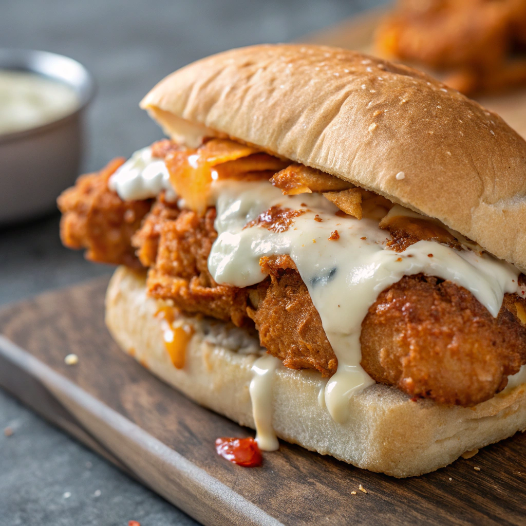 buffalo ranch chicken strip sandwich; buffalo ranch chicken strip sandwich expertly layered with buffalo coated chicken strips melted monterey jack cheese and creamy ranch dressing on a to