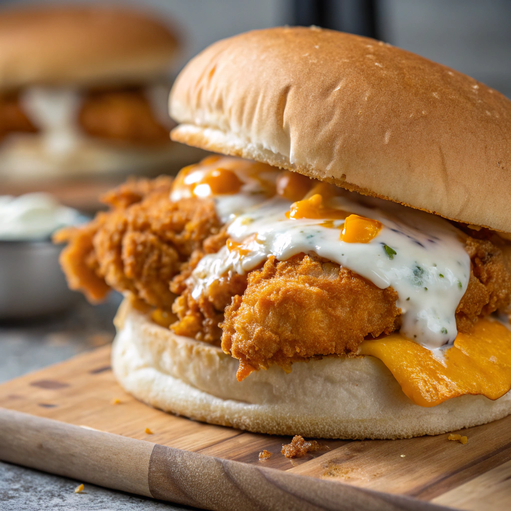 buffalo ranch chicken strip sandwich showcasing balanced layers of crispy chicken, melted cheese, and ranch dressing on a soft bun