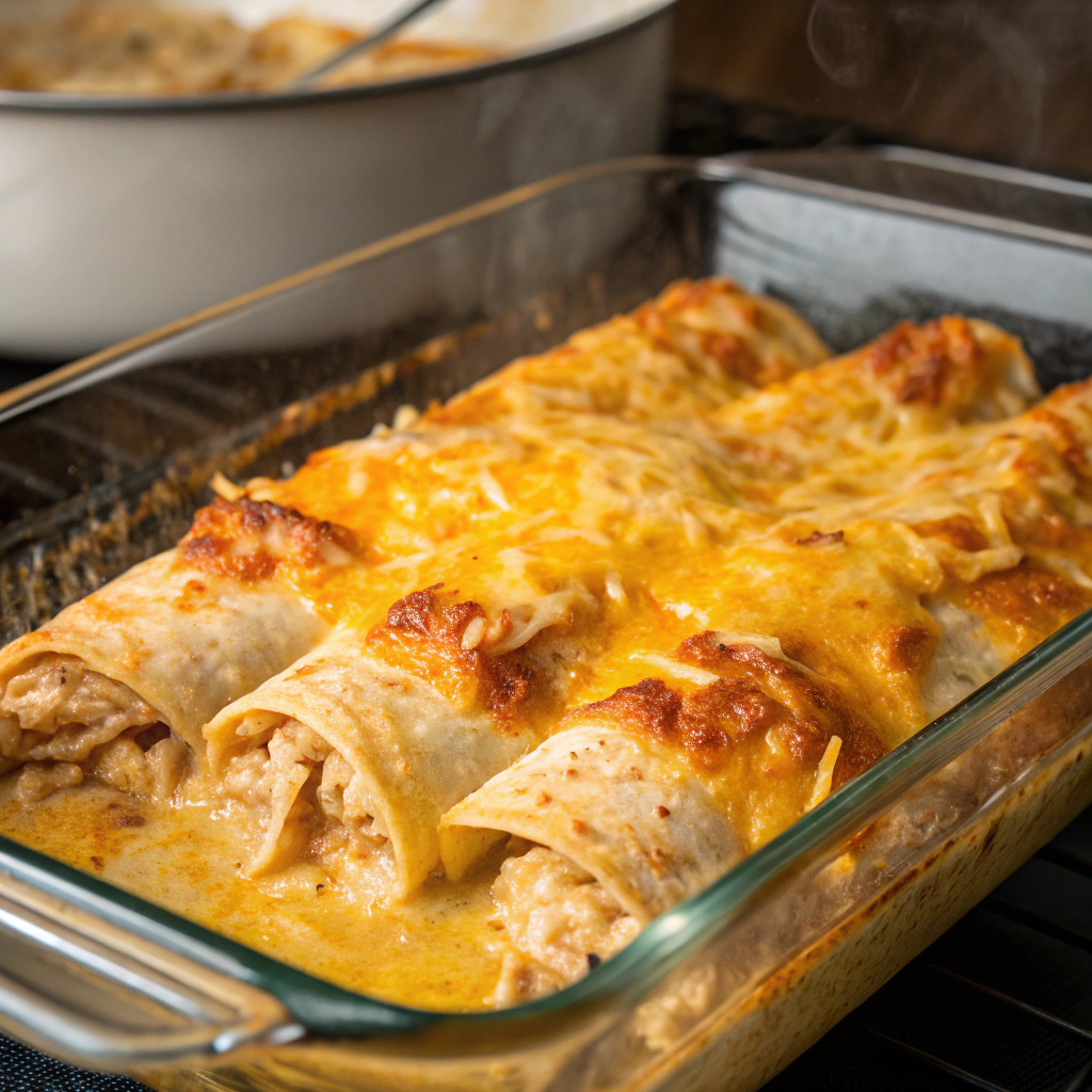 cheesy chicken enchiladas bubbling with melted Monterey Jack cheese in the oven