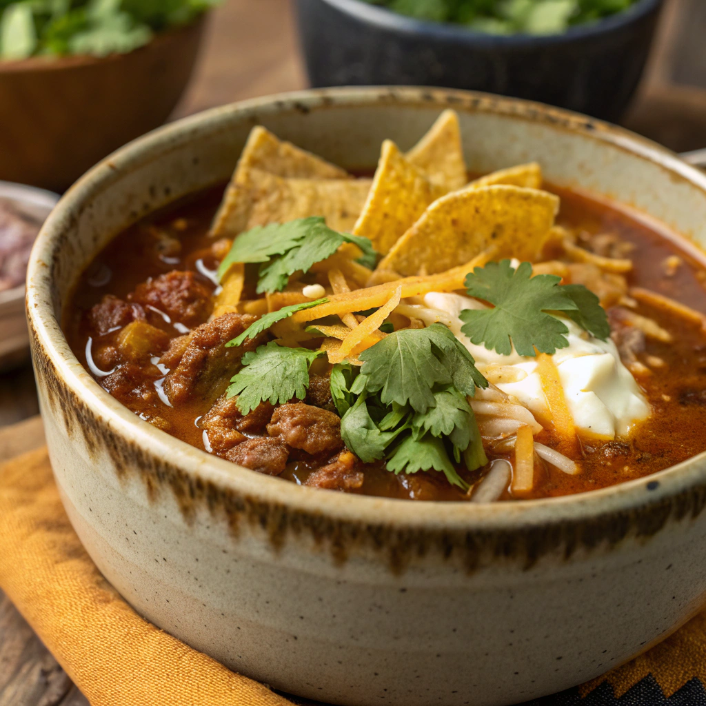 chipotle ground beef soup​ served in rustic bowls with garnishes of cilantro, cheese, and tortilla strips