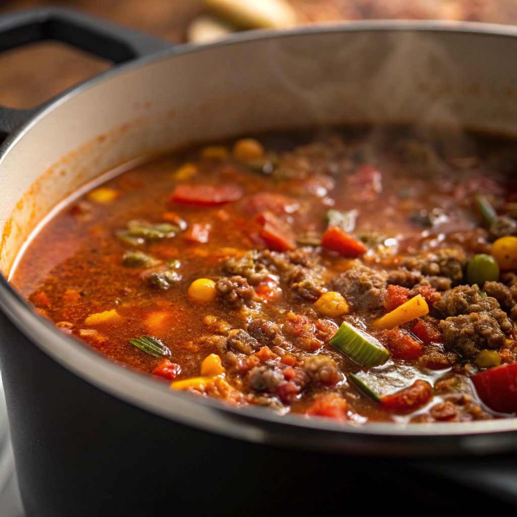 chipotle ground beef soup​ simmering in a large pot with visible vegetables and spices